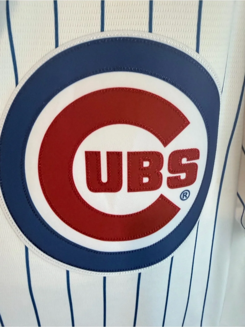 Nike White Pinstripe Baseball Jersey with Blue and Red Accents